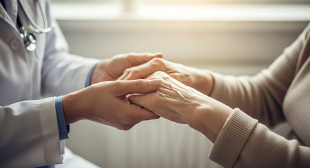 Close up of doctor and patient shaking hands. Healthcare and medical service.の素材