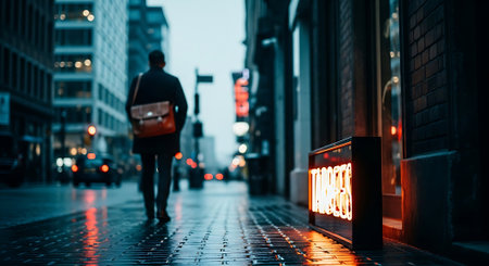 Rainy City Morning with Businessman Walking Past Neon Signの素材