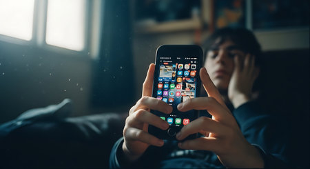 Young man sitting on sofa and using mobile phone. Close up of male hands using smartphone.の素材