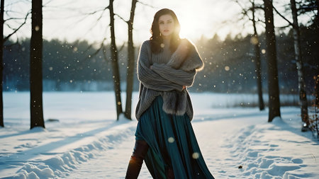 Beautiful young woman in the winter forest at sunset. Beauty, fashion.の素材