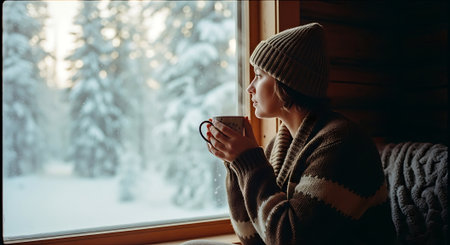 A girl in a warm sweater and a hat sits on the windowsill and drinks coffee.の素材