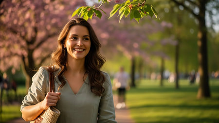 Beautiful young woman walking in the spring park with blooming cherry treesの素材