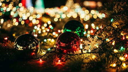 Christmas background with colorful balls and garland lights on bokehの素材