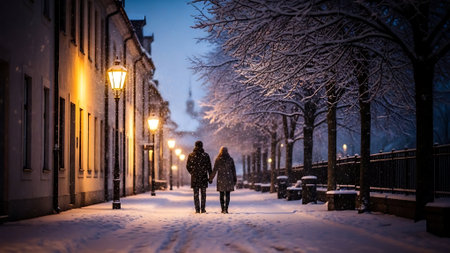 Couple walking in the city at night in winter with snow.の素材