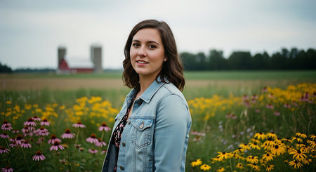 Portrait of a beautiful young woman in a field with flowers.の素材