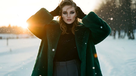 Portrait of a beautiful young woman in a green coat on a background of a winter parkの素材
