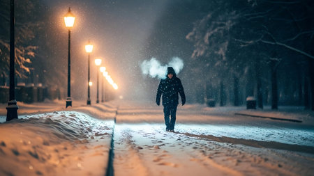 A man in a raincoat with a cigarette in his hand walks along a snowy street at night.の素材