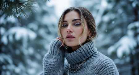 Portrait of a beautiful girl in a gray sweater and gloves on a background of the winter forest.の素材
