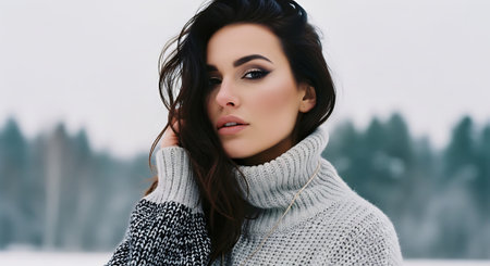 beautiful young woman in sweater and scarf looking at camera on snowy backgroundの素材