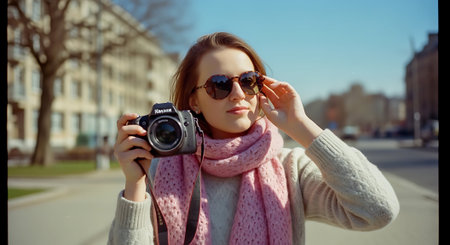 Young woman in sunglasses with a retro camera on the background of a city streetの素材