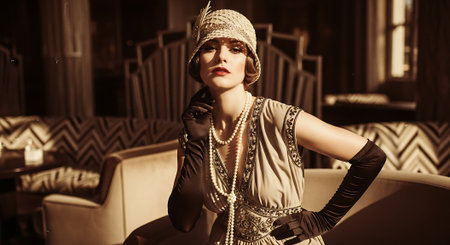 Portrait of a beautiful fashionable woman in a vintage dress and hatの素材