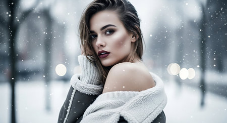 Winter portrait of beautiful young woman wearing warm sweater and scarf. Snowfall.の素材