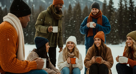friendship, leisure, season and people concept - group of smiling friends drinking coffee in winter forestの素材