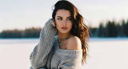 Portrait of a beautiful girl in a sweater on the background of a winter landscape.の素材
