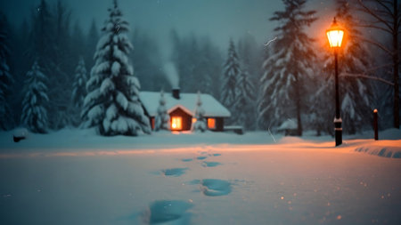 Winter landscape with snow covered house and lanterns in the forest.の素材