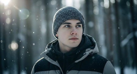 Portrait of a young man in a winter forest. The guy looks at the camera.の素材