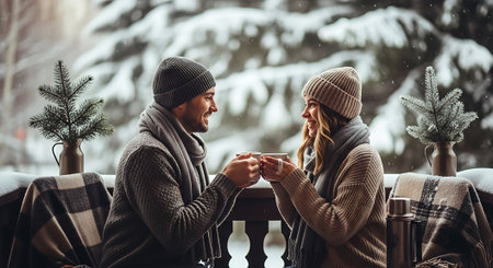 Romantic couple in warm clothing sitting on the terrace and drinking coffee.の素材