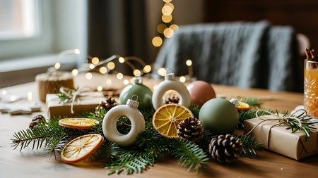 christmas decoration on wooden table, christmas and new year conceptの素材
