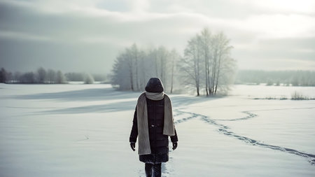 A young man in a warm coat walks along a frozen lake.の素材