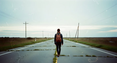 Back view of a young woman with backpack walking on the empty roadの素材