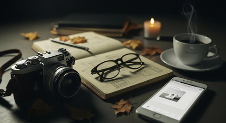 Flat lay composition with notebook, camera and cup of coffee on dark backgroundの素材