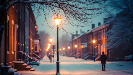 Blurred image of a street lamp on the background of a snowy city street at night.の素材