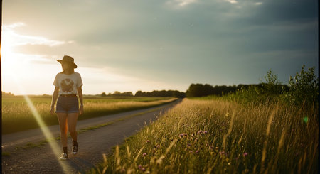 A girl in a hat walks along a country road at sunset.の素材