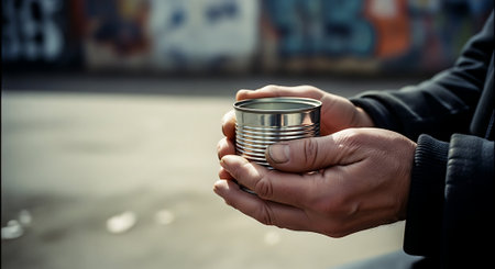 Man holding a tin can in his hand. Close-up.の素材
