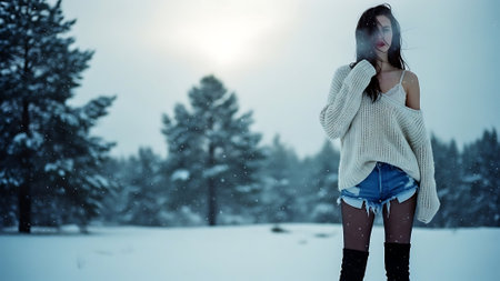 Beautiful young woman in the winter forest. Snowfall. Toned.の素材