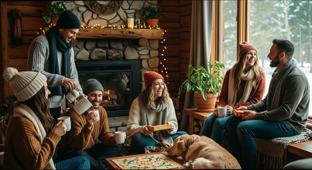 Group of friends in warm sweaters drinking tea, talking and laughing while sitting near fireplace at homeの素材
