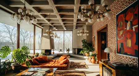 Interior of luxury living room with fireplace, orange sofa and coffee tableの素材
