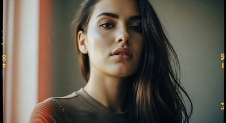 Portrait of a beautiful young woman with long brown hair. Close-up.の素材
