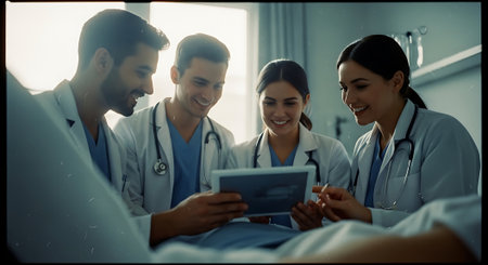 Doctors and nurses working on a digital tablet in a hospital ward.の素材