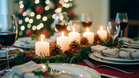 Christmas table setting with candles and christmas decoration. Selective focus.の素材
