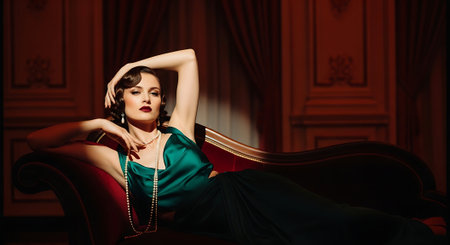 Portrait of a beautiful woman in a luxurious evening dress sitting in a chair.の素材