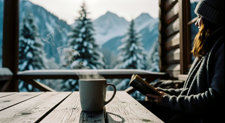 Woman reading a book and drinking coffee in the mountains in winter.の素材