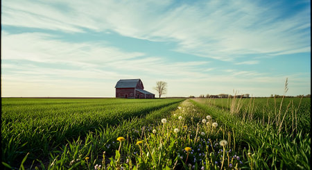 Sunset over an agricultural field with dandelions and a red barnの素材