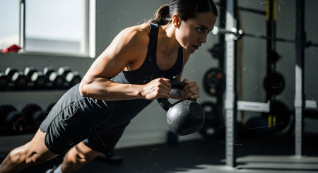 Portrait of a young woman exercising with kettlebell in a gymの素材