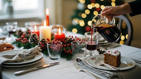 Woman pouring red wine into a glass on christmas table setting.の素材