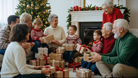 Happy family sitting on the couch and exchanging gifts at home in front of the Christmas treeの素材