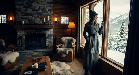 Beautiful young woman in a gray dress by the window in the mountainsの素材