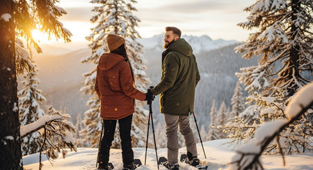 Back view of man and woman walking in winter forest at sunset.の素材
