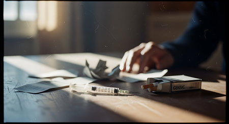Drug addict using a syringe to narcotic drugs, conceptual imageの素材