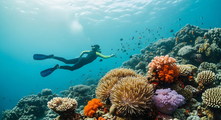 Scuba diving on a tropical coral reef with a young man swimmingの素材