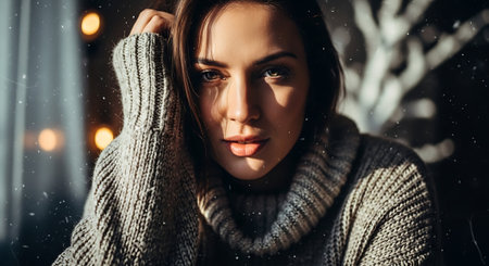 Portrait of a beautiful girl in a knitted sweater on the background of a winter landscape.の素材