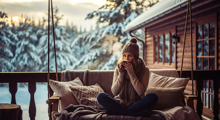 Beautiful girl in warm clothes is sitting on the porch of the house in winter.の素材