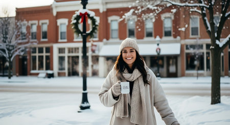 Beautiful young woman in a winter coat and hat with a cup of coffee in her hands.の素材