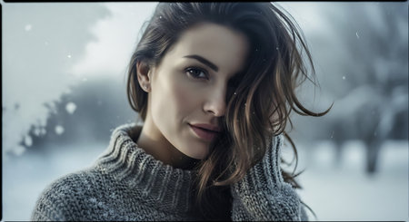 Portrait of a beautiful young woman in a gray sweater and scarf.の素材