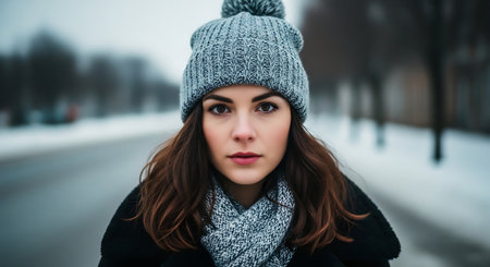 Portrait of a beautiful young woman in a winter hat and scarfの素材