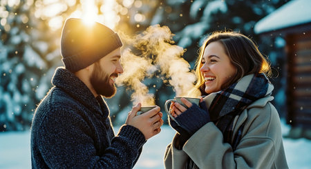 Couple in love drinking hot coffee and having fun in winter forestの素材
